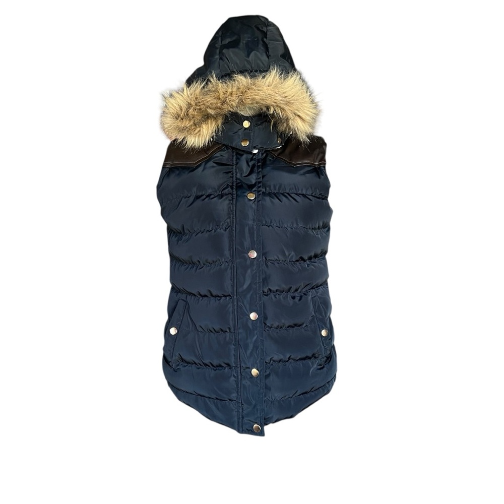 Justify Sherpa Lined Puffer Vest Faux Fur Hood Navy Size M